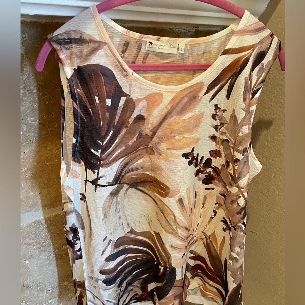 NWOT Impulse California abstract Brown peach sleeveless Blouse Career Capsule L